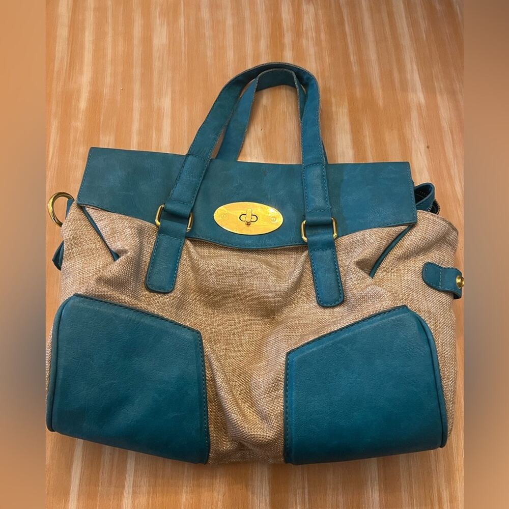Urban Expressions Large Tote Bag Teal Vegan Leather Canvas Shoulder Purse Gold